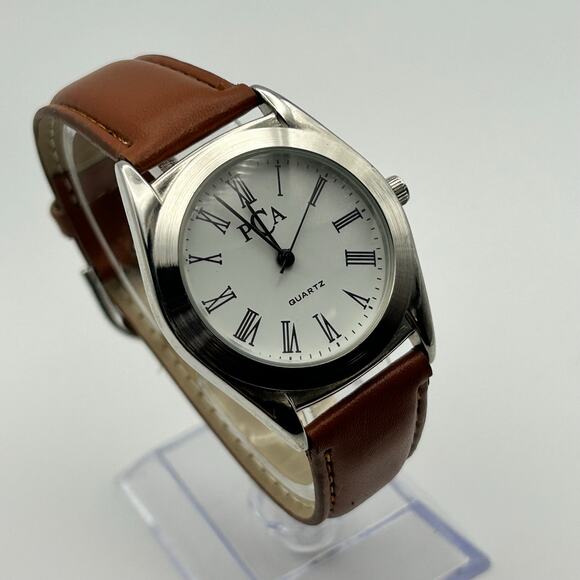 PCA Silver-tone Brown Leather Stainless Steel Quartz Watch Working New Battery main image 7